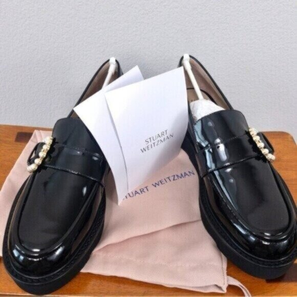 NEW Stuart Weitzman Piper Super Lift Loafer 7 Black Patent Calf Leather Platform - Picture 5 of 13